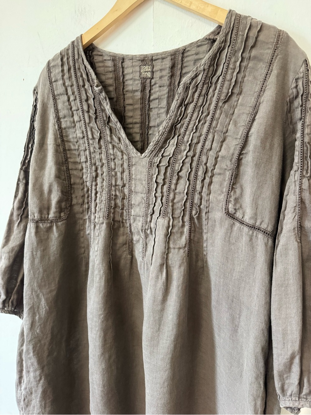 120% Lino Linen Tunic Top Coastal Taupe Pleated Long Blouse XL READ - Picture 4 of 10